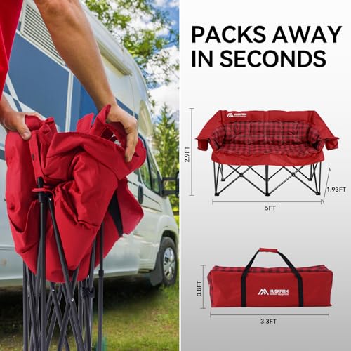 Grey Double Padded Camping Loveseat Chair with Cup Holders and Carry Bag U151647