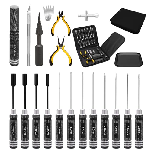 19 Pcs RC Car Tool Kit Hex Screwdriver Set Nut Drivers Phillips Screwdrivers Plier Wrench Body Reamer Black K701