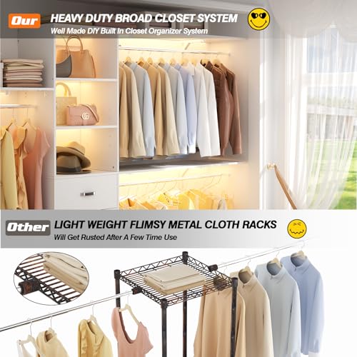 120 Inches Closet System with 3 Shelving Towers, Heavy Duty Clothes Rack with 3 Drawers, White Oak T1744