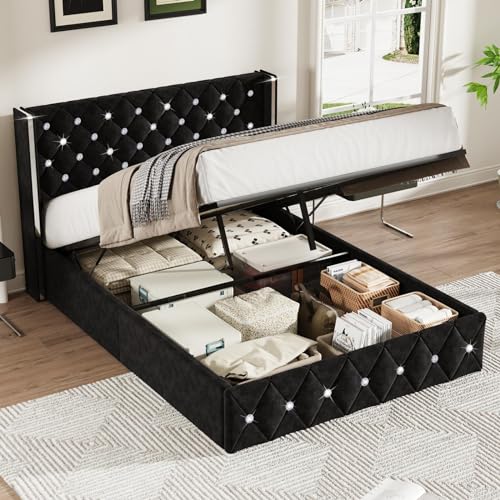 Black Velvet Full Size Lift Up Storage Bed Frame Y270023