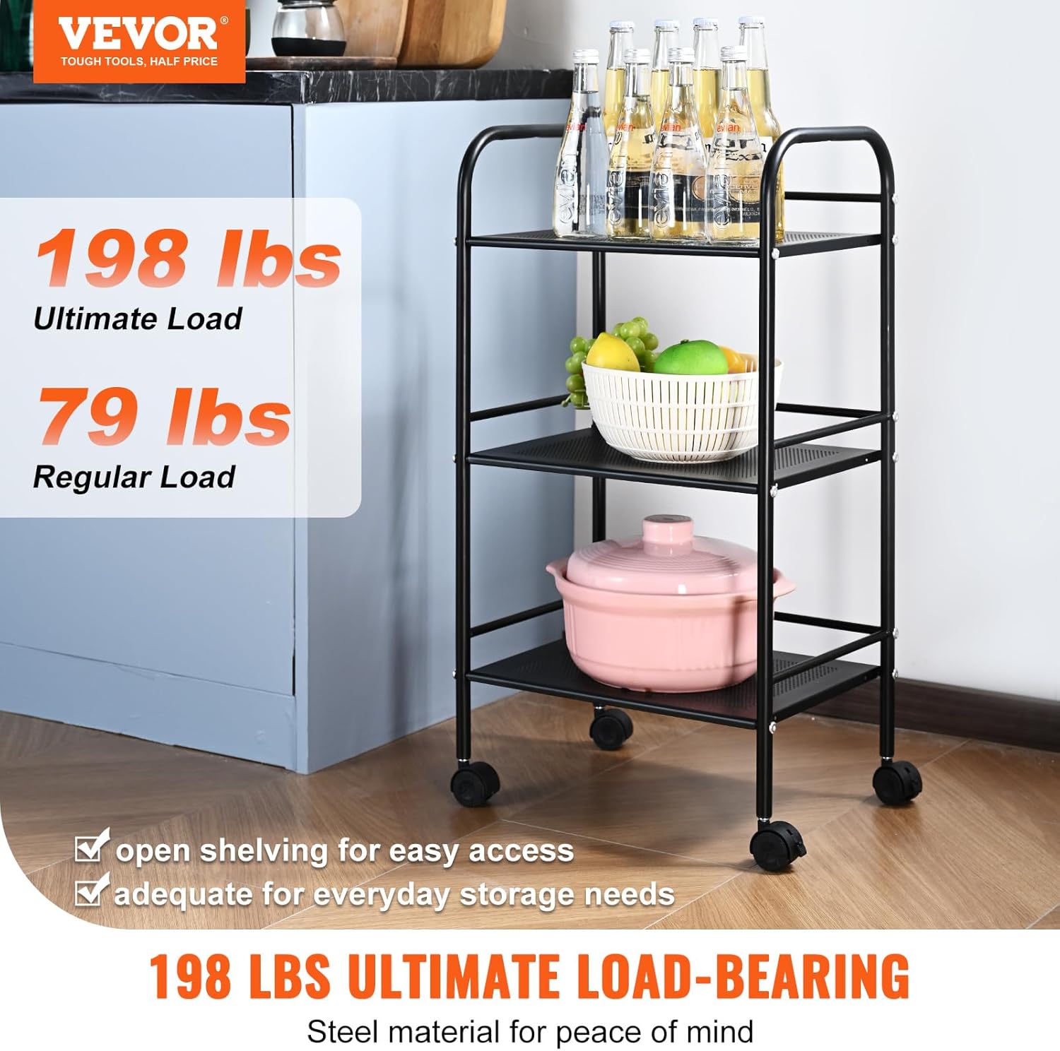 Black 3-Tier Metal Rolling Cart with Lockable Wheels A112473