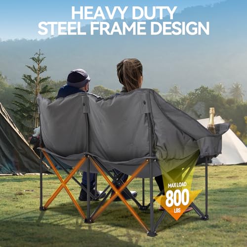 Grey Double Padded Camping Loveseat Chair with Cup Holders and Carry Bag U151647