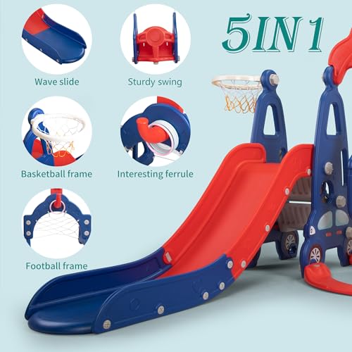 5 in 1 Toddler Slide and Swing Set with Basketball Hoop, Football Gate Q412838