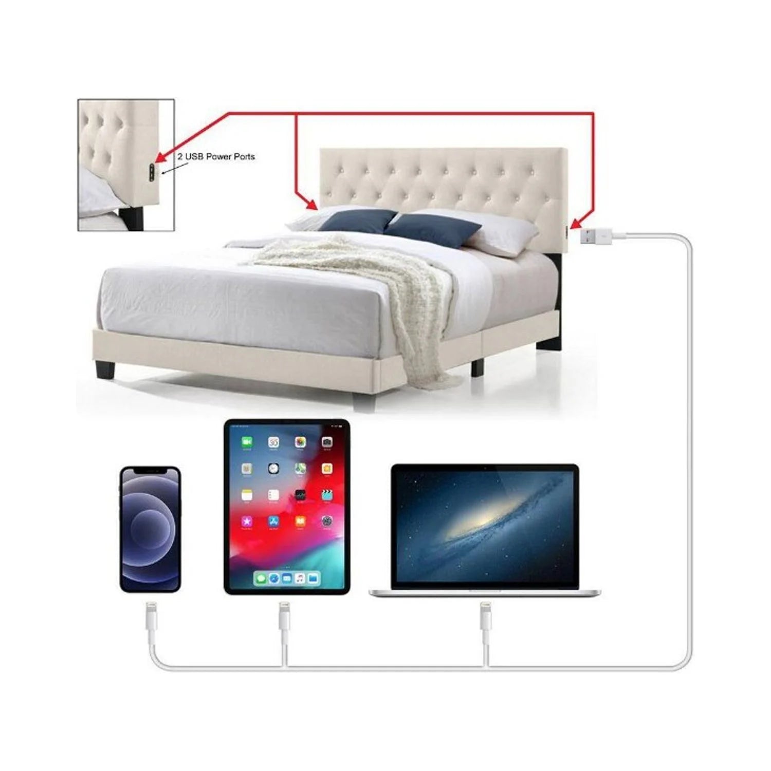 Beige Twin Size Linen Bed with USB Power Connection F87852