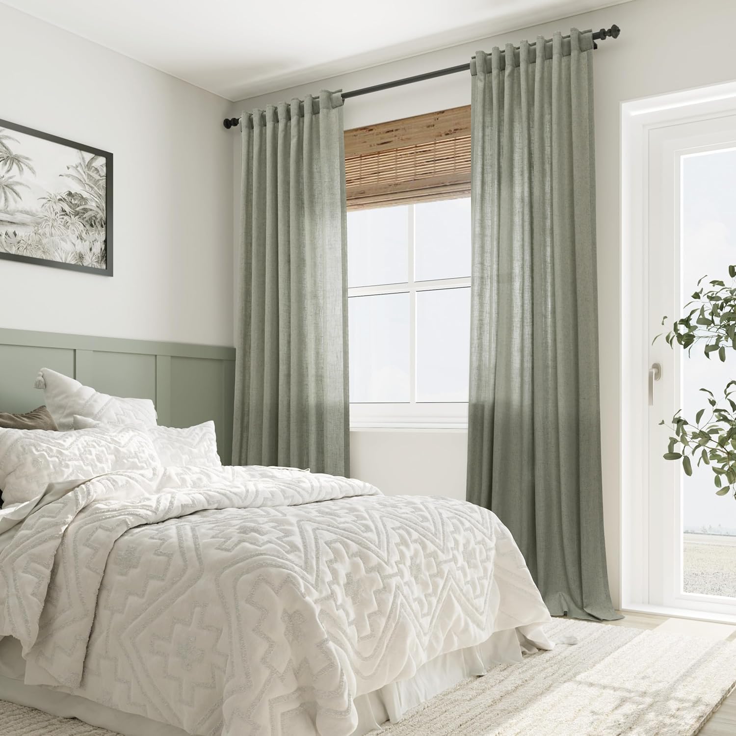 Sage Green Semi Sheer Linen Curtains 84 Inch Length 2 Panels Set Back Pocket 52x84 X56314
