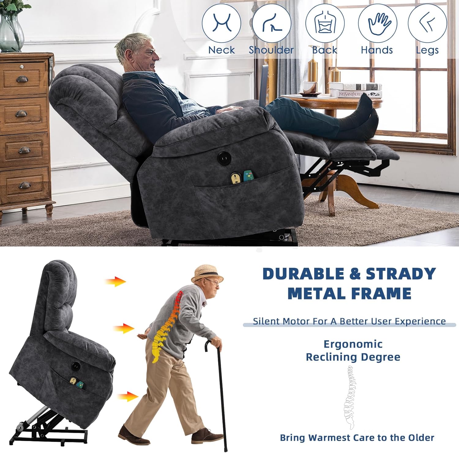 Large Electric Power Lift Recliner Chair with Extended Footrest, Gray O220787