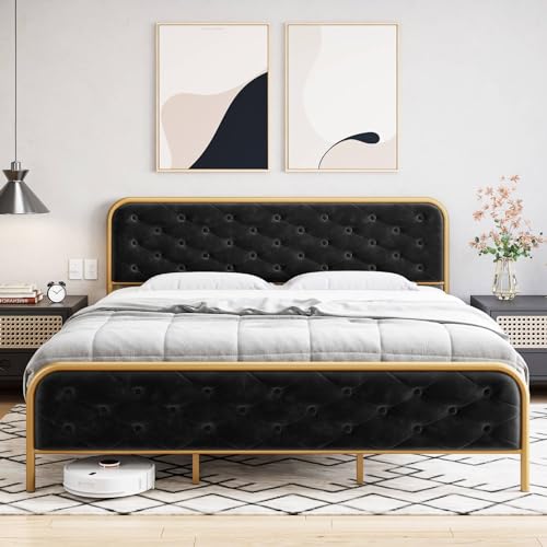 Queen Size Velvet Upholstered Bed Frame with Button Tufted Headboard, Gold-Black P3161