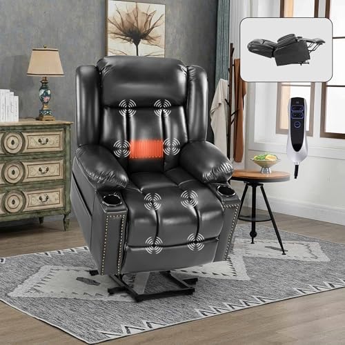 Black Leather Power Lift Recliner with Heat and Massage K149
