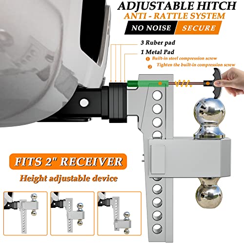Adjustable Drop Hitch, Tri-Ball (1-7/8'', 2'', 2-5/16''), Fits 2-Inch Receiver, 8 Inch Drop, 15000 LBS GTW, Heavy Duty Solid Ball Mount, Silver R596