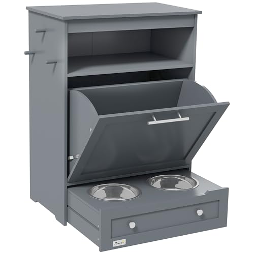 White Pet Feeder Station Storage Cabinet with Dog Raised Bowls M14826
