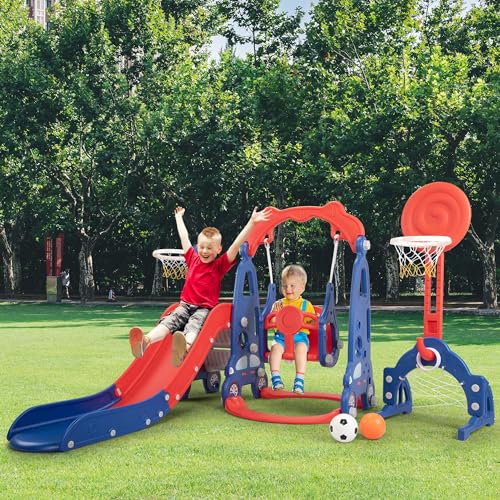 5 in 1 Toddler Slide and Swing Set with Basketball Hoop, Football Gate Q412838