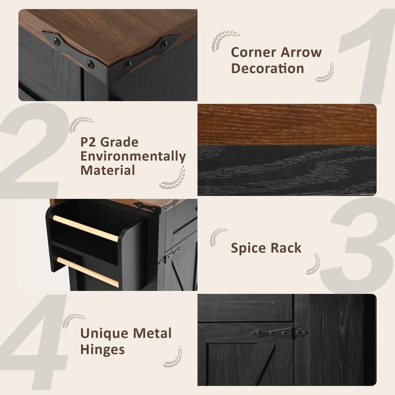 Black Farmhouse Kitchen Island with Power Outlet and Drop Leaf R30551
