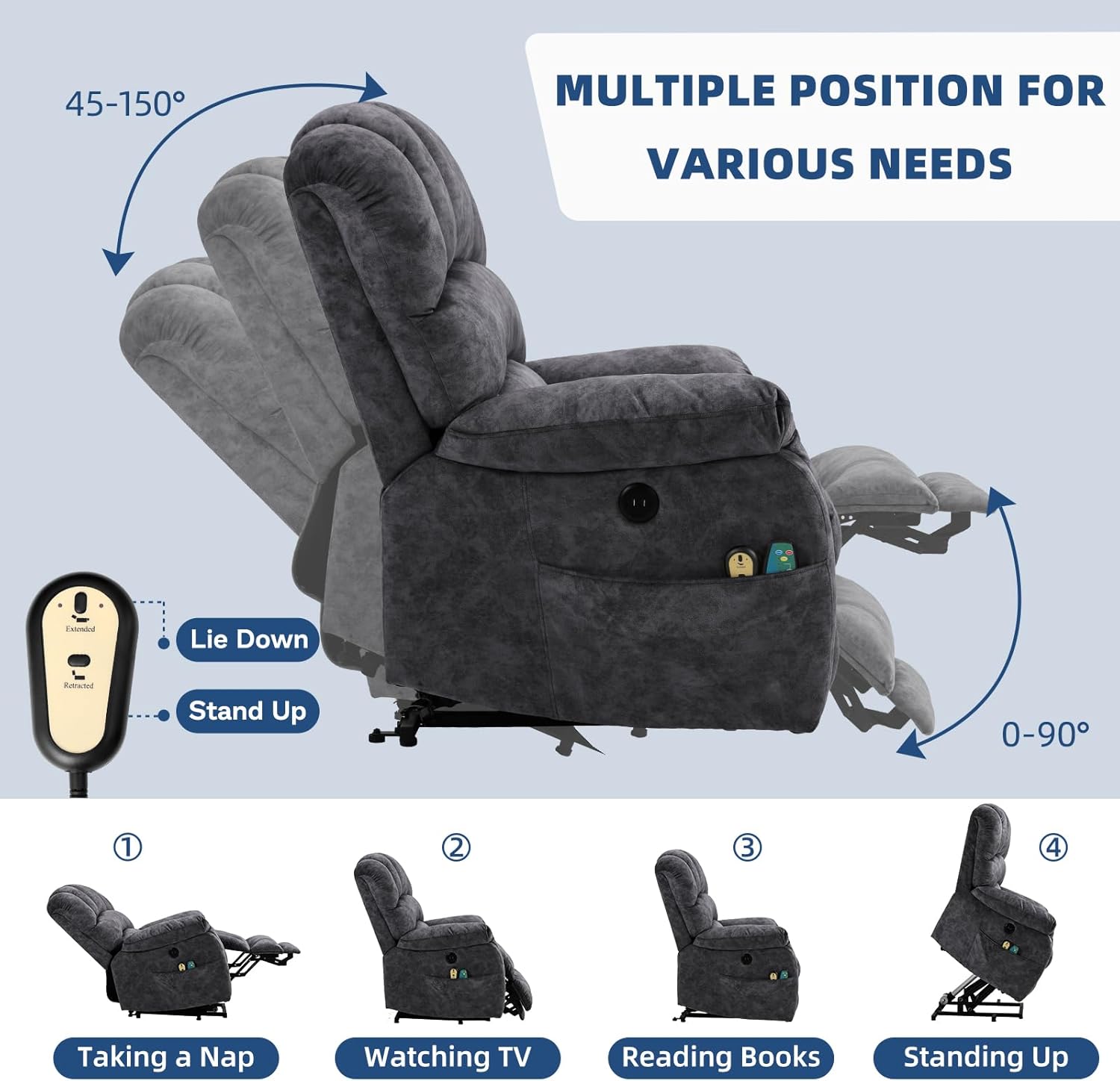Large Electric Power Lift Recliner Chair with Extended Footrest, Gray O220787