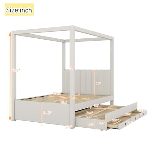 Beige Twin Size 4 Poster Canopy Bed with Upholstery Headboard, Trundle and 3 Drawers I131696