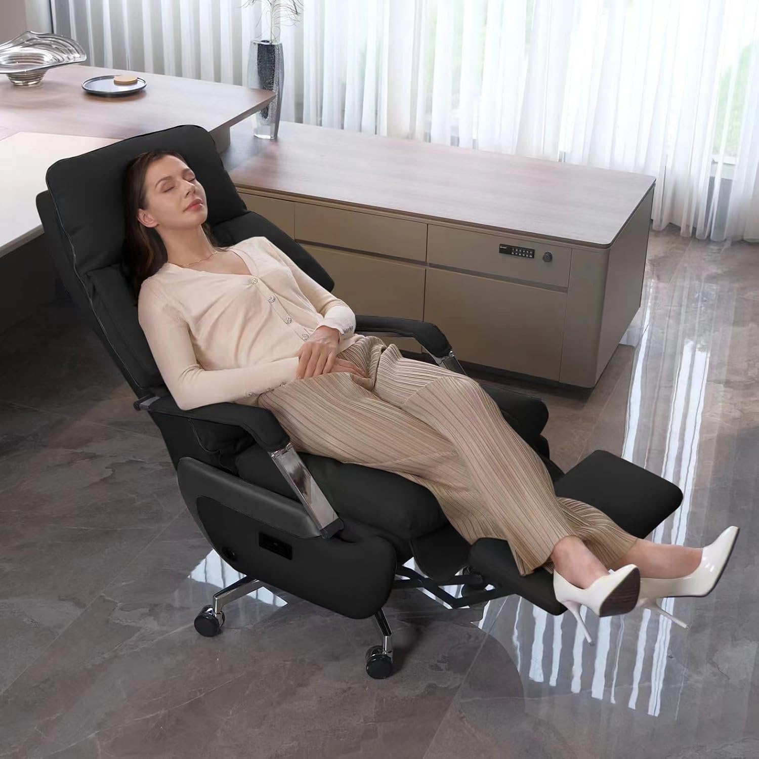 Black Leather Ergonomic High Back Office Chair with Footrest V6666