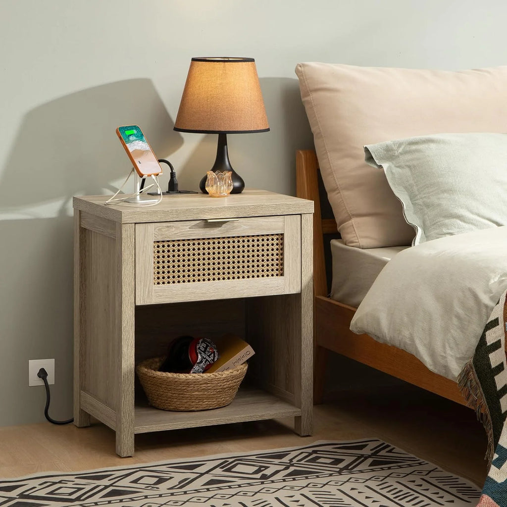 Farmhouse Nightstand with Charging Station Wood Drawer Accent Bedside Table with USB Ports Outlets End Table V5498