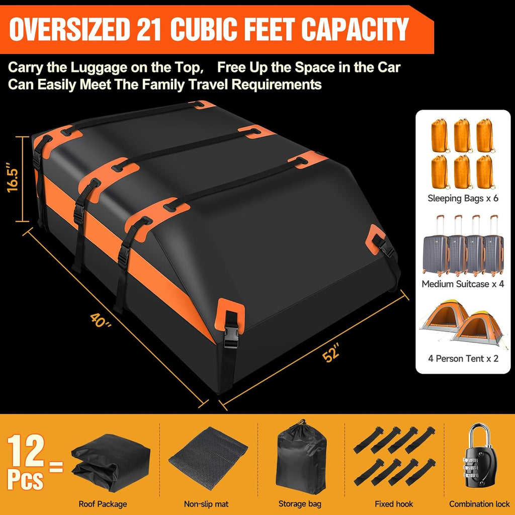 21 Cubic Feet 100% Waterproof 900D PVC Soft Car Roof Bag with Anti-Slip Mat and Storage Bag W213426