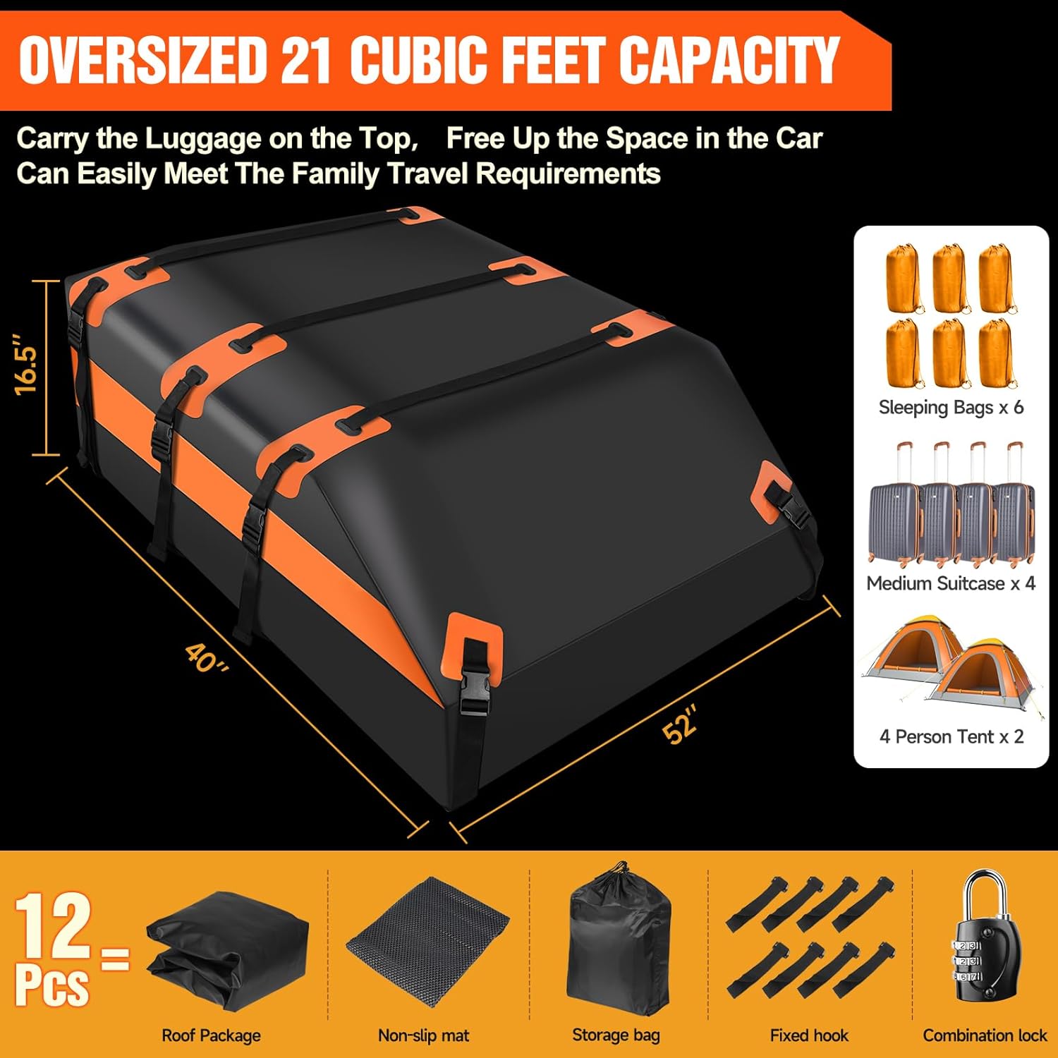 21 Cubic Feet 100% Waterproof 900D PVC Soft Car Roof Bag with Anti-Slip Mat and Storage Bag W213426