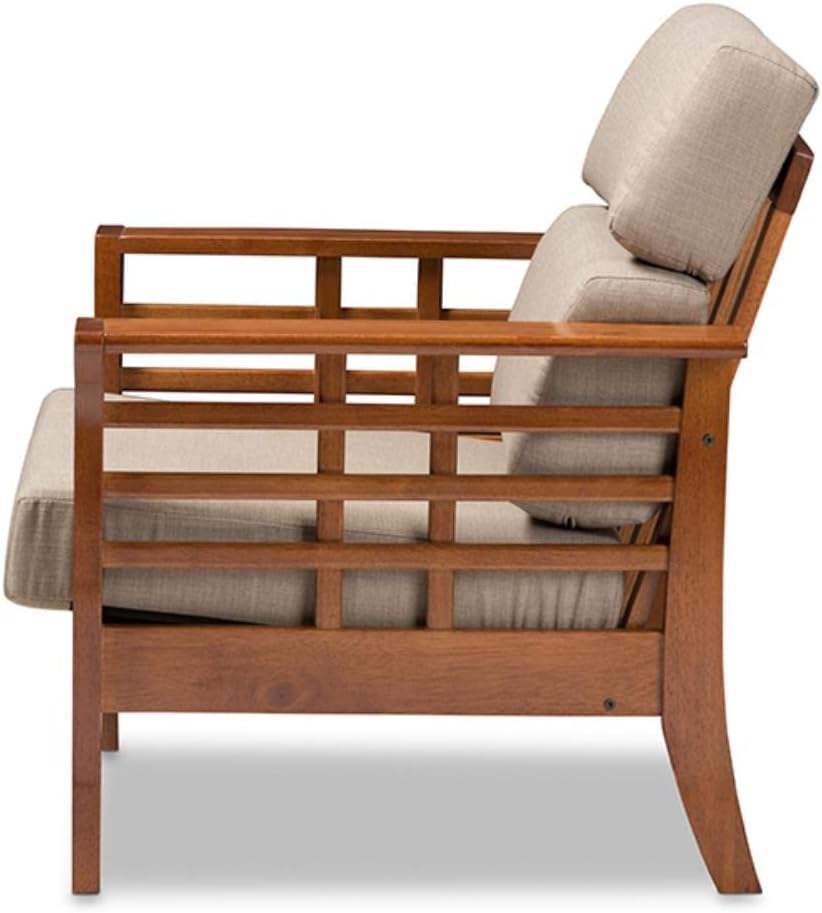 Cherry Finished Brown Wood and Dark Beige Fabric High Back 1-Seater Lounge Chair W56091