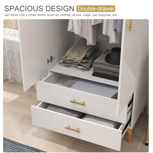 White 2 Door Freestanding Wardrobe with Two Drawers & Hanging Rod S630702