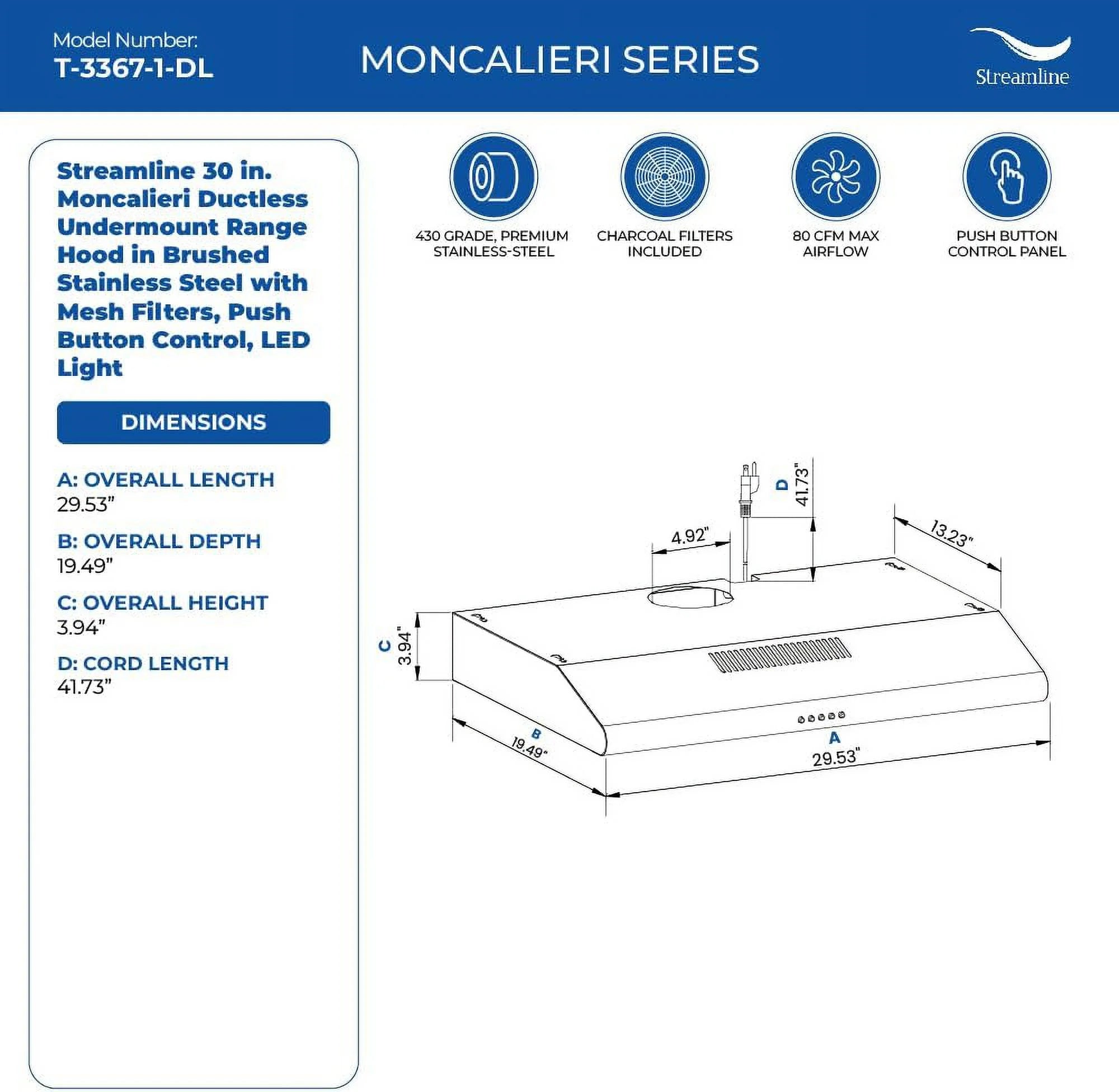 30 in. Ductless Undermount Range Hood in Brushed Stainless Steel with Mesh Filters F271323