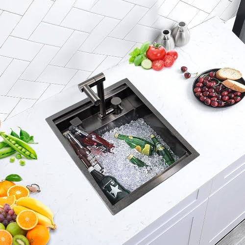Black 17.32×14.17×7.87 Inch Single Bowl Kitchen Sink with Faucet and Stainless Steel Cover Plate U739
