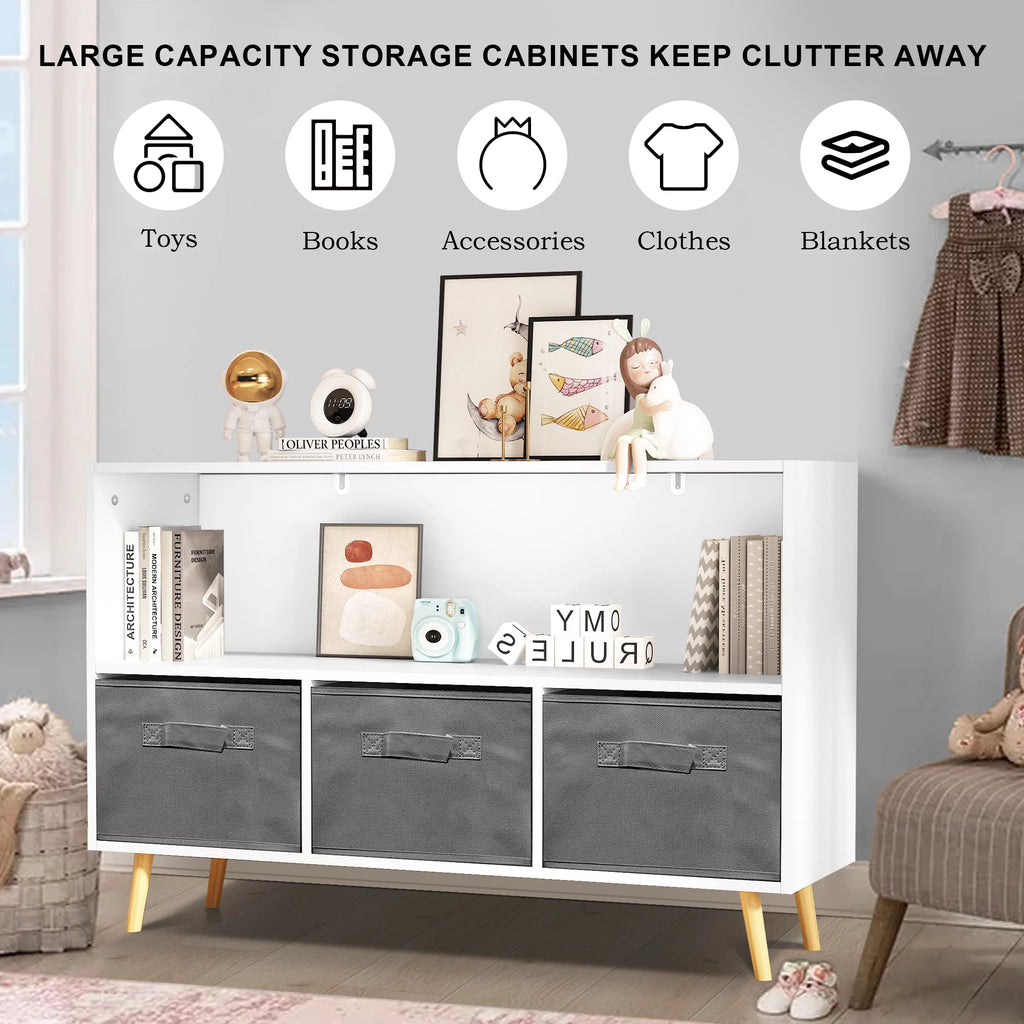 White Kid's Toy Storage Cabinet with Collapsible Fabric Drawers E48337