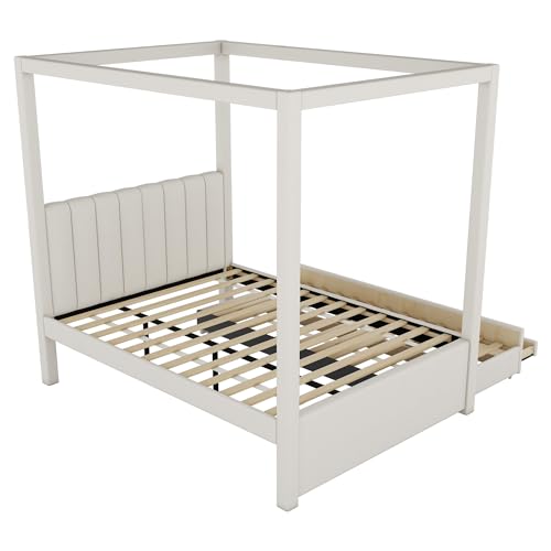 Beige Twin Size 4 Poster Canopy Bed with Upholstery Headboard, Trundle and 3 Drawers I131696