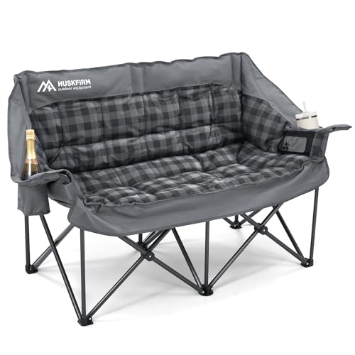 Grey Double Padded Camping Loveseat Chair with Cup Holders and Carry Bag U151647