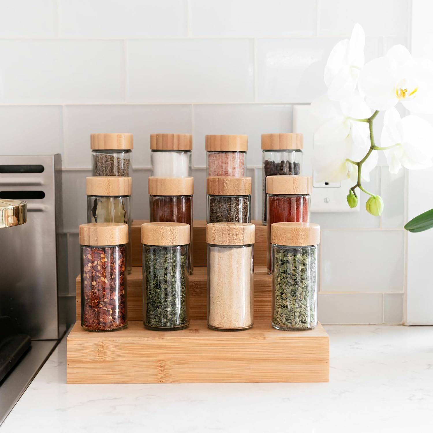 24 Glass Spice Jars with Bamboo Lids and Labels B84184