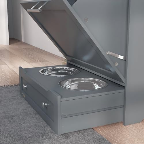 White Pet Feeder Station Storage Cabinet with Dog Raised Bowls M14826