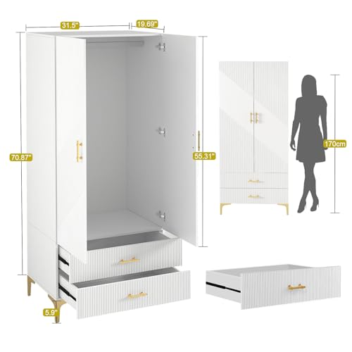 White 2 Door Freestanding Wardrobe with Two Drawers & Hanging Rod S630702