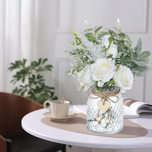 Artificial Flowers with Vase, Silk Hydrangea Flower Bouquet, Faux Flower Arrangement (White) Q44750
