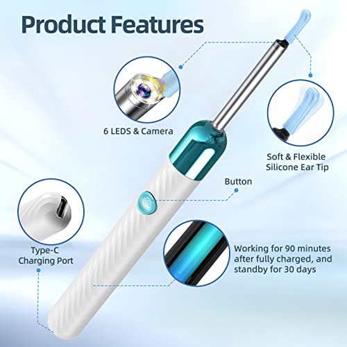 Ear Wax Removal Kit with Camera 1080P Otoscope Light 6 Ear Pick Blue P809