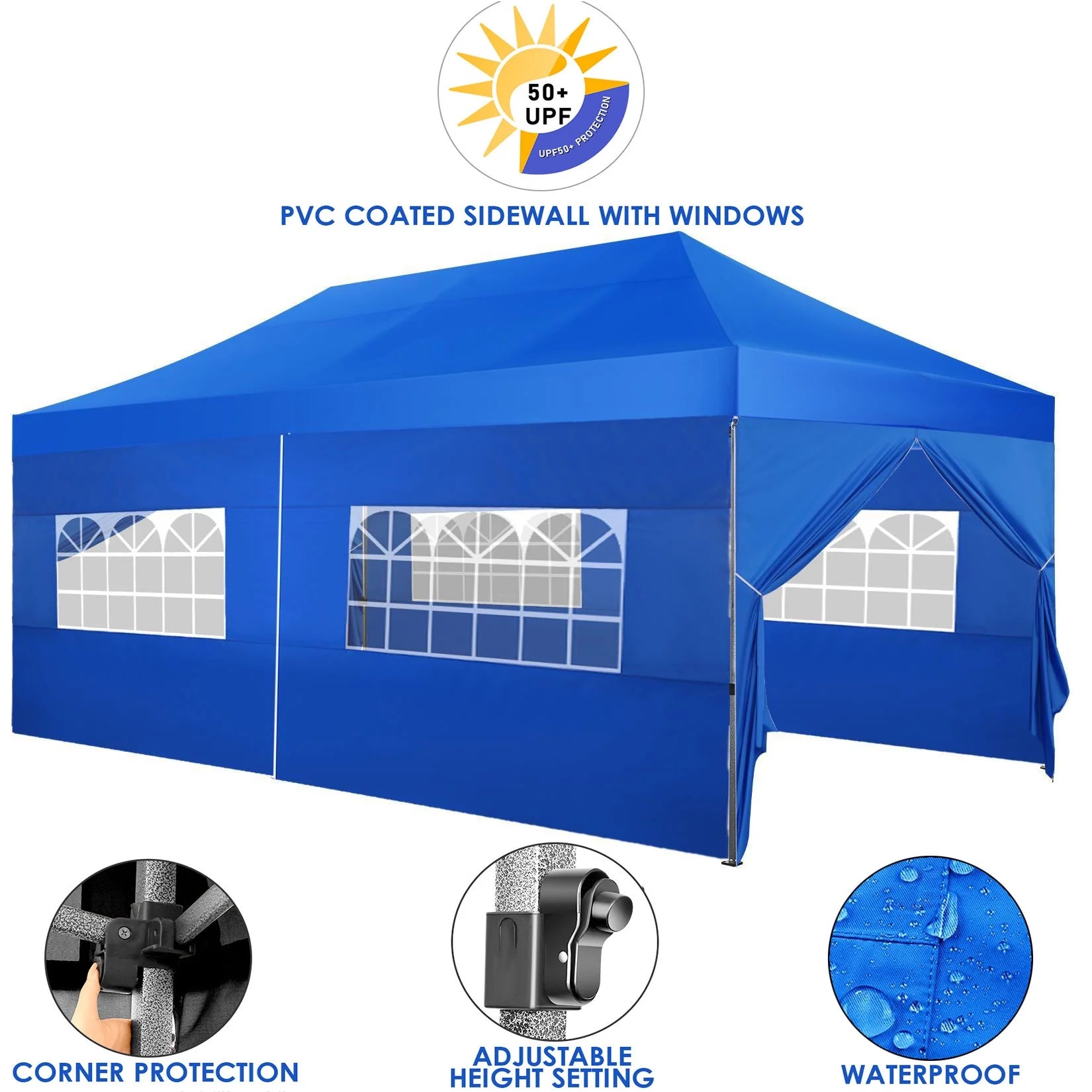 10'x20' Heavy Duty Pop Up Canopy Tent with 6 Removable Sidewalls, Blue U8393
