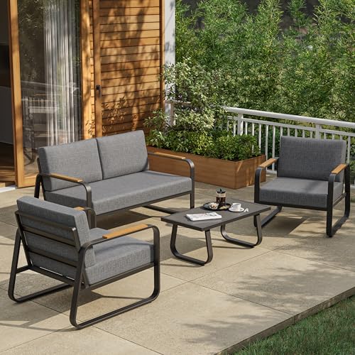 4-Piece Outdoor Patio Set with Sofa, Tempered Glass Table, Black & Dark Grey X598