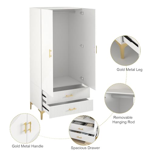 White 2 Door Freestanding Wardrobe with Two Drawers & Hanging Rod S630702