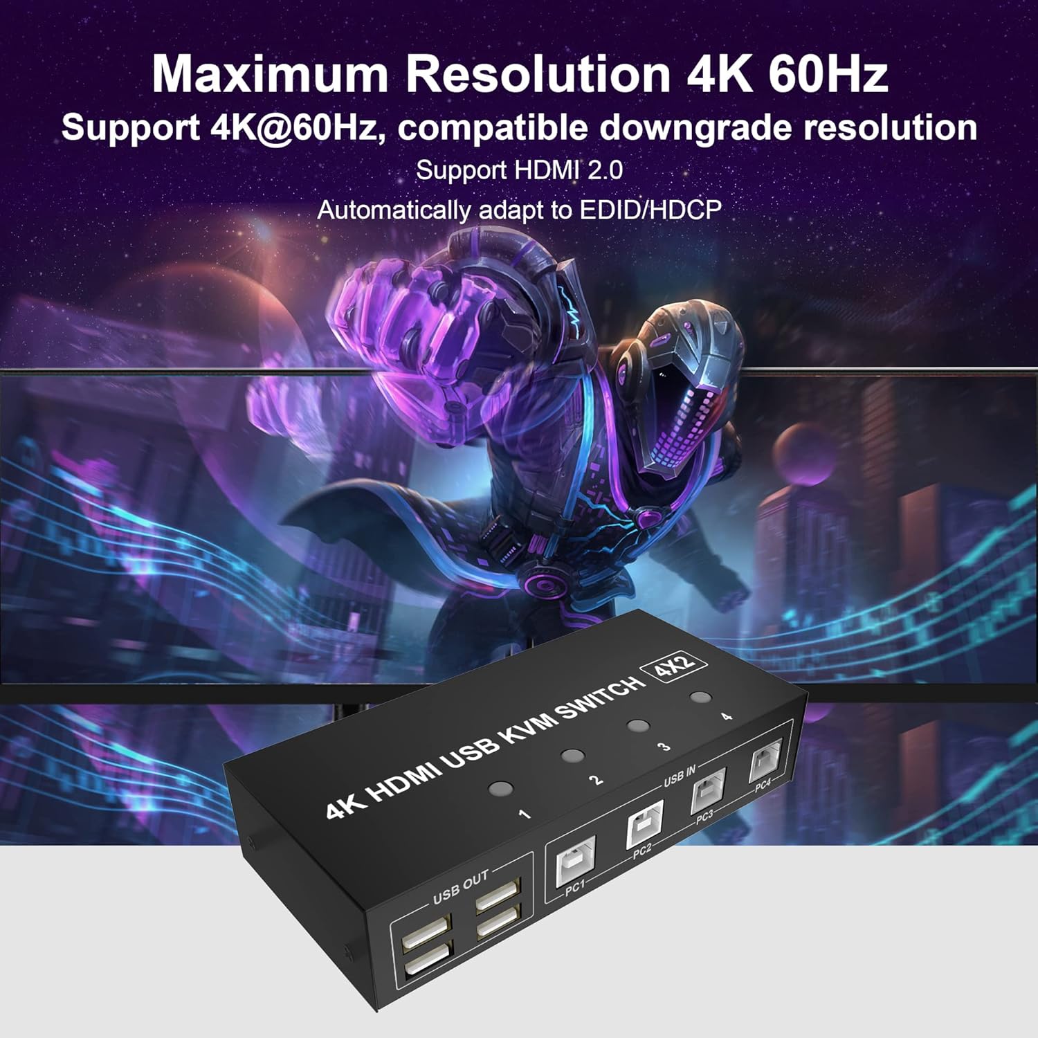 4 Port HDMI KVM Switch 4K@60Hz 4 in 2 Out W9595