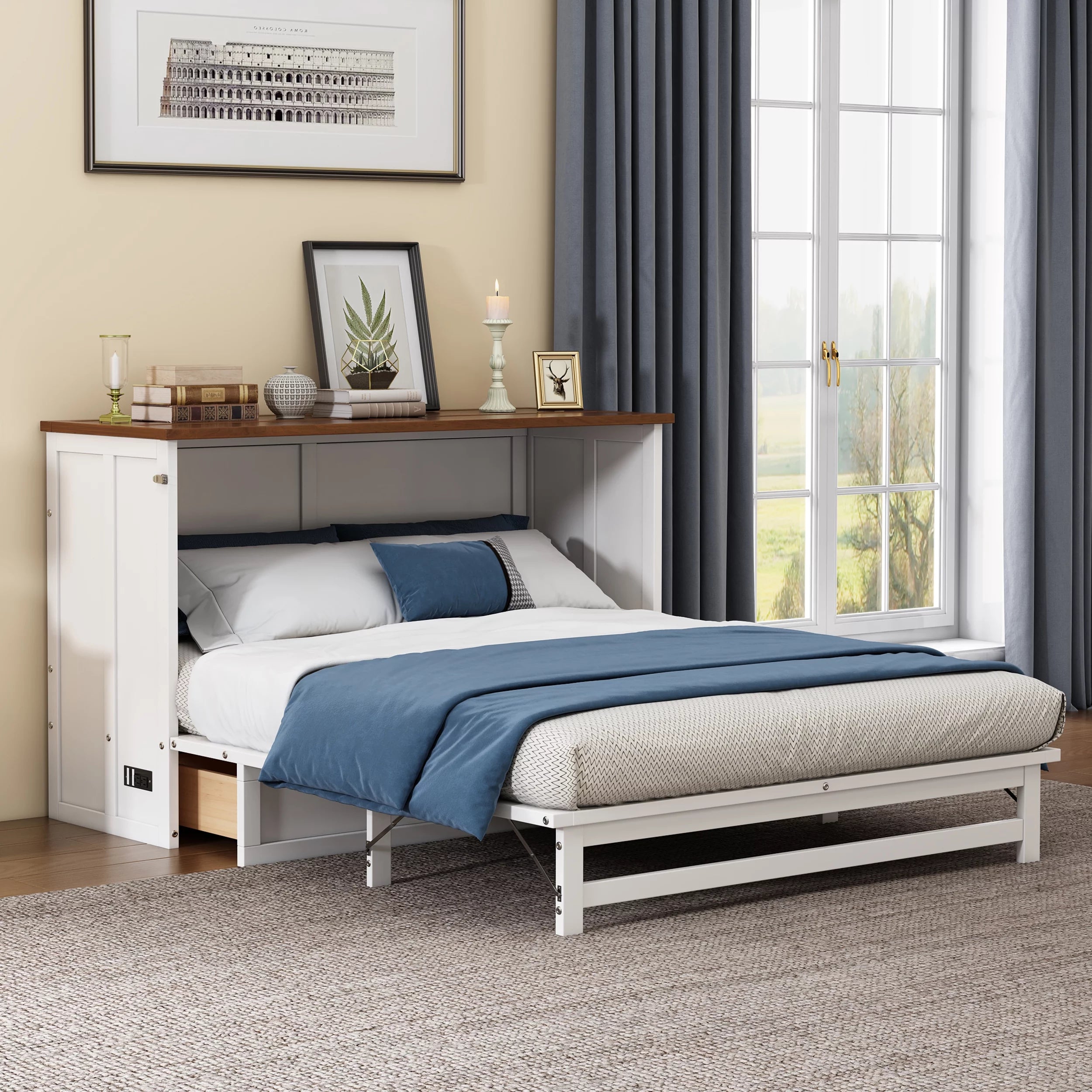 White+Walnut Solid Wood Queen Size Murphy Bed with Storage Drawer Y192053