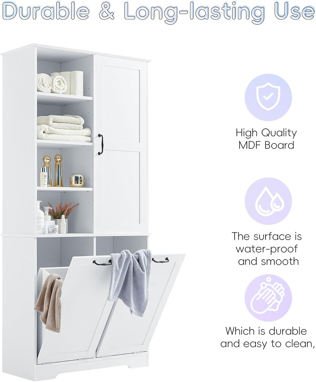 White Tall Bathroom Storage Cabinet with Laundry Hamper G1606
