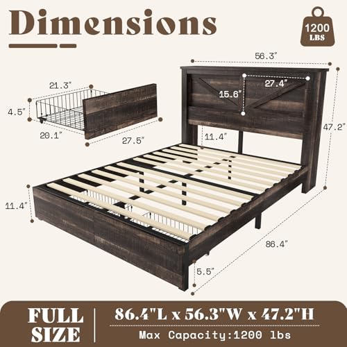Grey King Bed Frame with Storage Drawers and Bookcase Headboard T8688