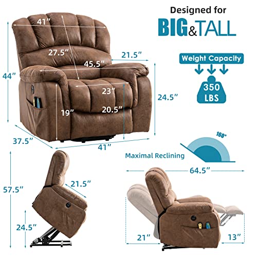 Large Power Lift Recliner Chair with Massage and Heat, Extra Wide Oversized Electric Recliner, 350lbs Capacity (Brown) Z109