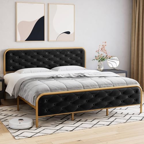 Queen Size Velvet Upholstered Bed Frame with Button Tufted Headboard, Gold-Black P3161