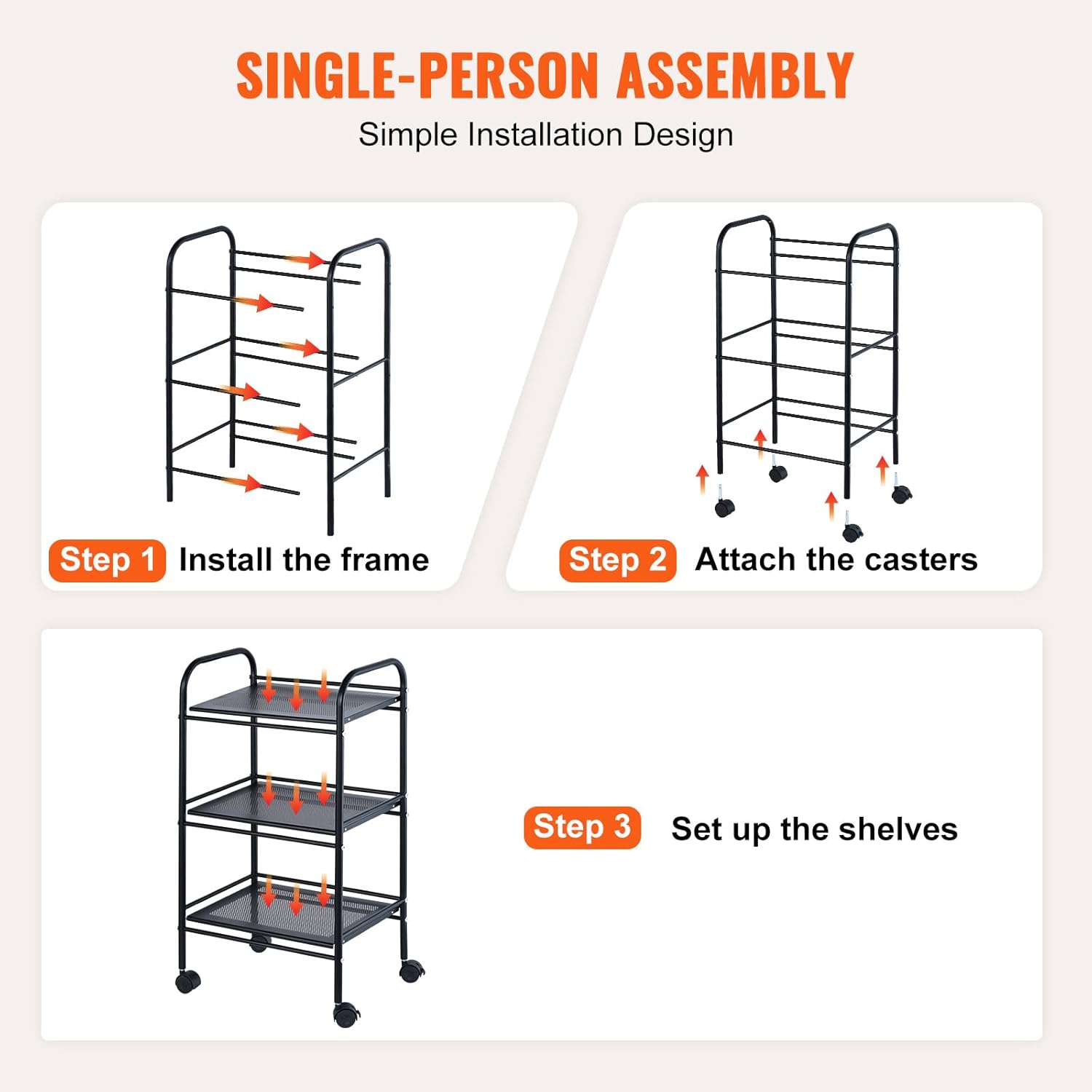Black 3-Tier Metal Rolling Cart with Lockable Wheels A112473