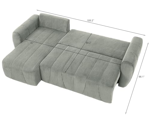 Modular Sectional Sleeper Sofa with Storage, Convertible 3 Seat L Shape Couch with Reversible Chaise, Corduroy Sleeper Couch with Pullout Bed (Light Grey) P44013