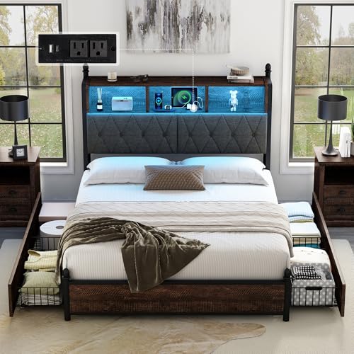 Full Size Bed Frame with Bookcase Headboard, 4 Storage Drawers, Wooden Platform Bed with Charging Station & LED Light, Rustic Brown W842