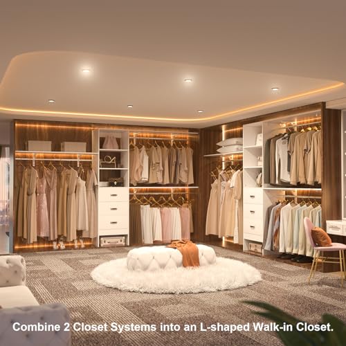 120 Inches Closet System with 3 Shelving Towers, Heavy Duty Clothes Rack with 3 Drawers, White Oak T1744