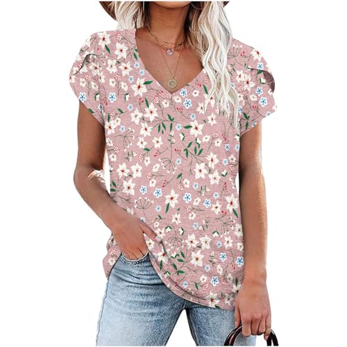 Women's Casual Summer Petal Short Sleeve V Neck Floral Boho Loose Tunic Blouses Q224384