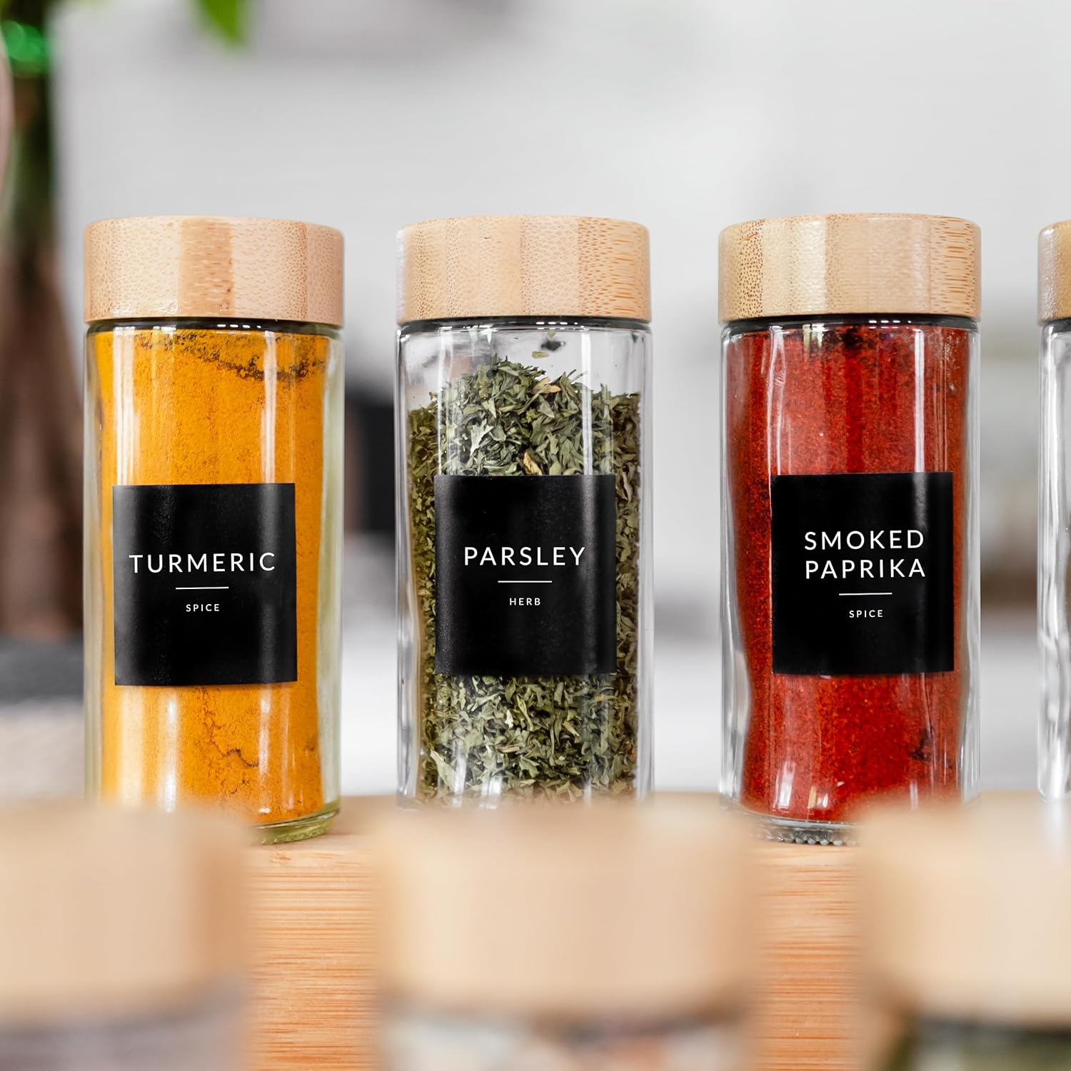 24 Glass Spice Jars with Bamboo Lids and Labels B84184