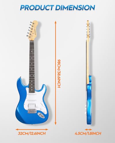39" Full Size Electric Guitar HSS Pick Up with 10W Amp, Bag, Digital Tuner, Capo, Strap, String, Cable, Picks J817
